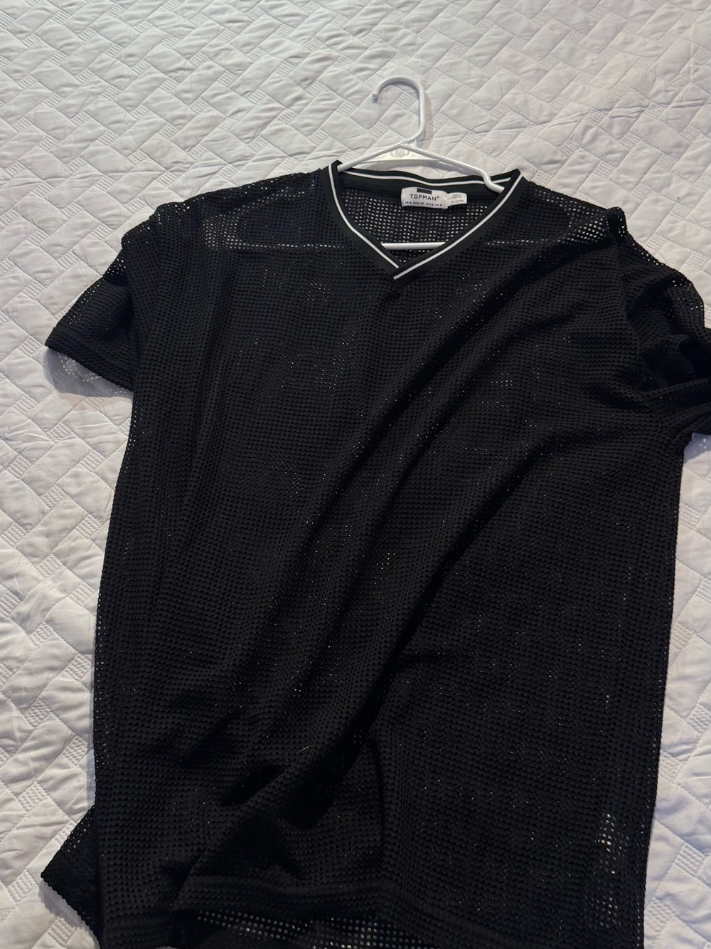 Topman Black Mesh V-Neck Tee with White Trim